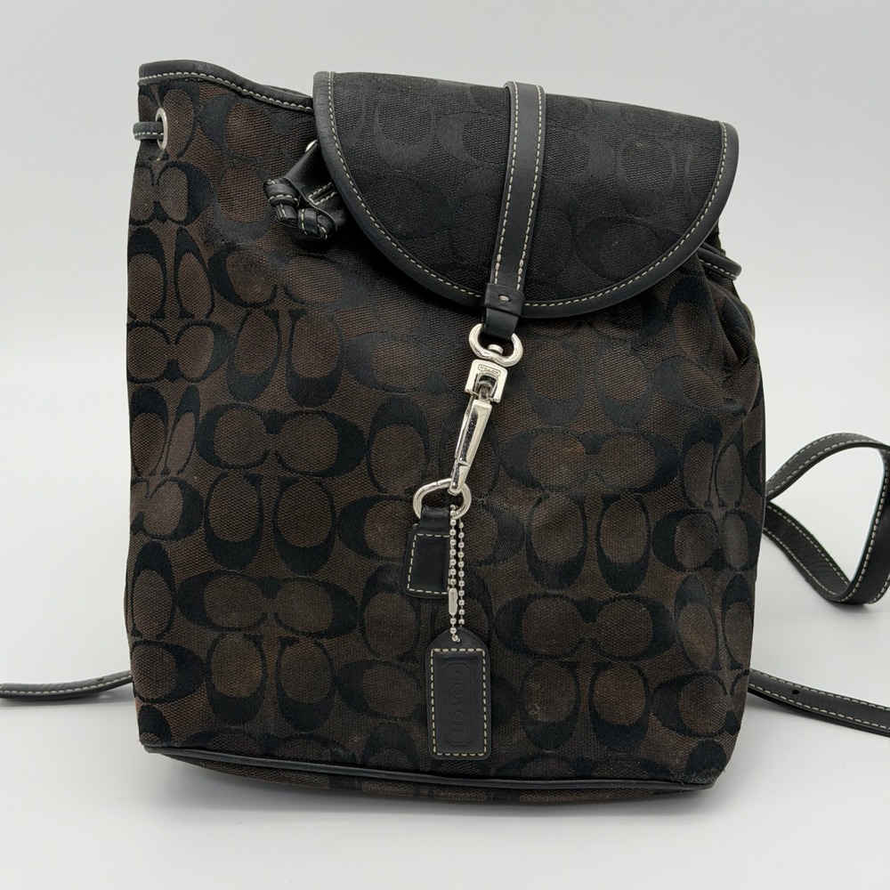 Coach Signature Monogram Canvas Leather Backpack Brown Black E05J-6618